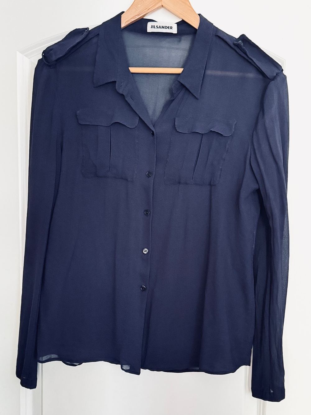Jil Sander Navy Sheer Long-Sleeve Button Shirt
